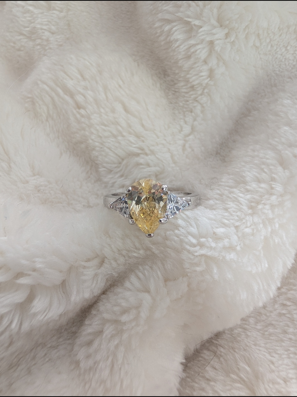Yellow Pear Cut Statement Ring w/ Clear Side Stones–Silver Tone Engagement Style
